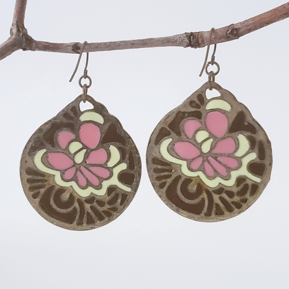 Metal Embossed Discs With Enamel Floral Inlay Dangly Earrings - Picture 5 of 5